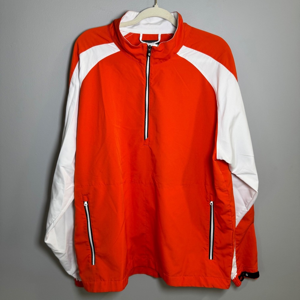 FootJoy Mens XL Orange White Quarter Zip Golf Windbreaker Jacket Pullover